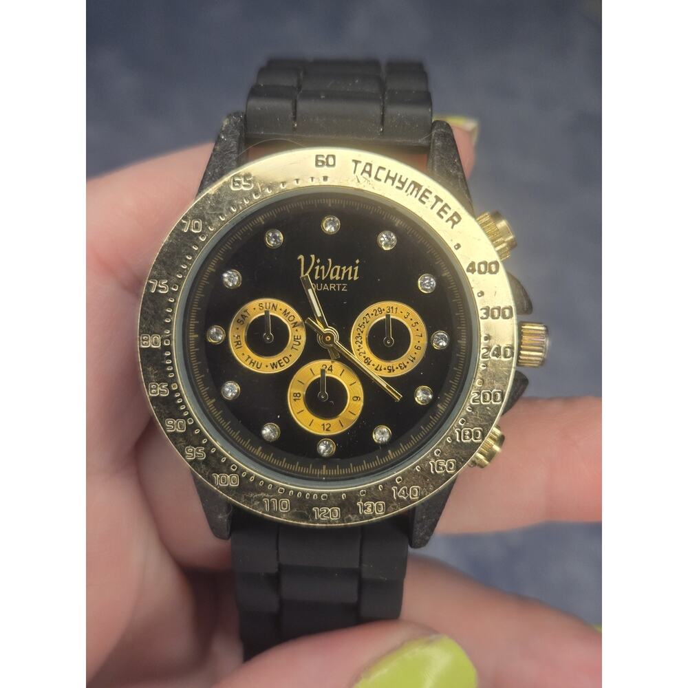 Vivani Quartz Unisex Analog Wristwatch Black Gold Tachymeter Rubber Strap